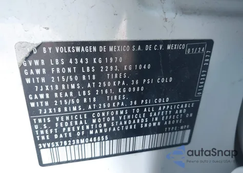 2024 Volkswagen Taos 1.5T Se z USA, uszkodzony, nr VIN 3VVSX7B23RM046655